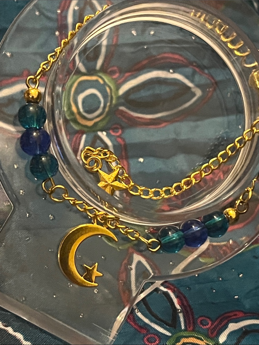 Gold Crescent Moon & Star Ankle Bracelet with Blue Beads Dainty adjustable 26